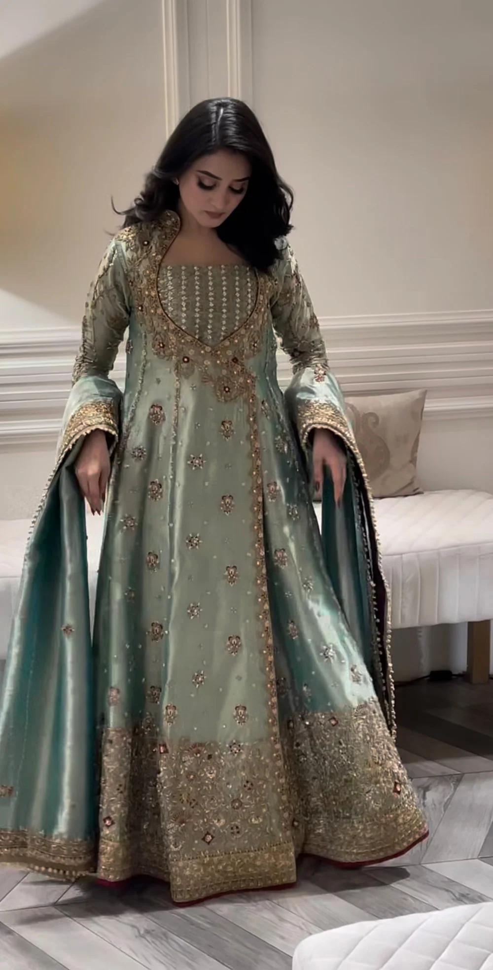 Haris Shakeel – Urooj in antique sage green – full outfit view