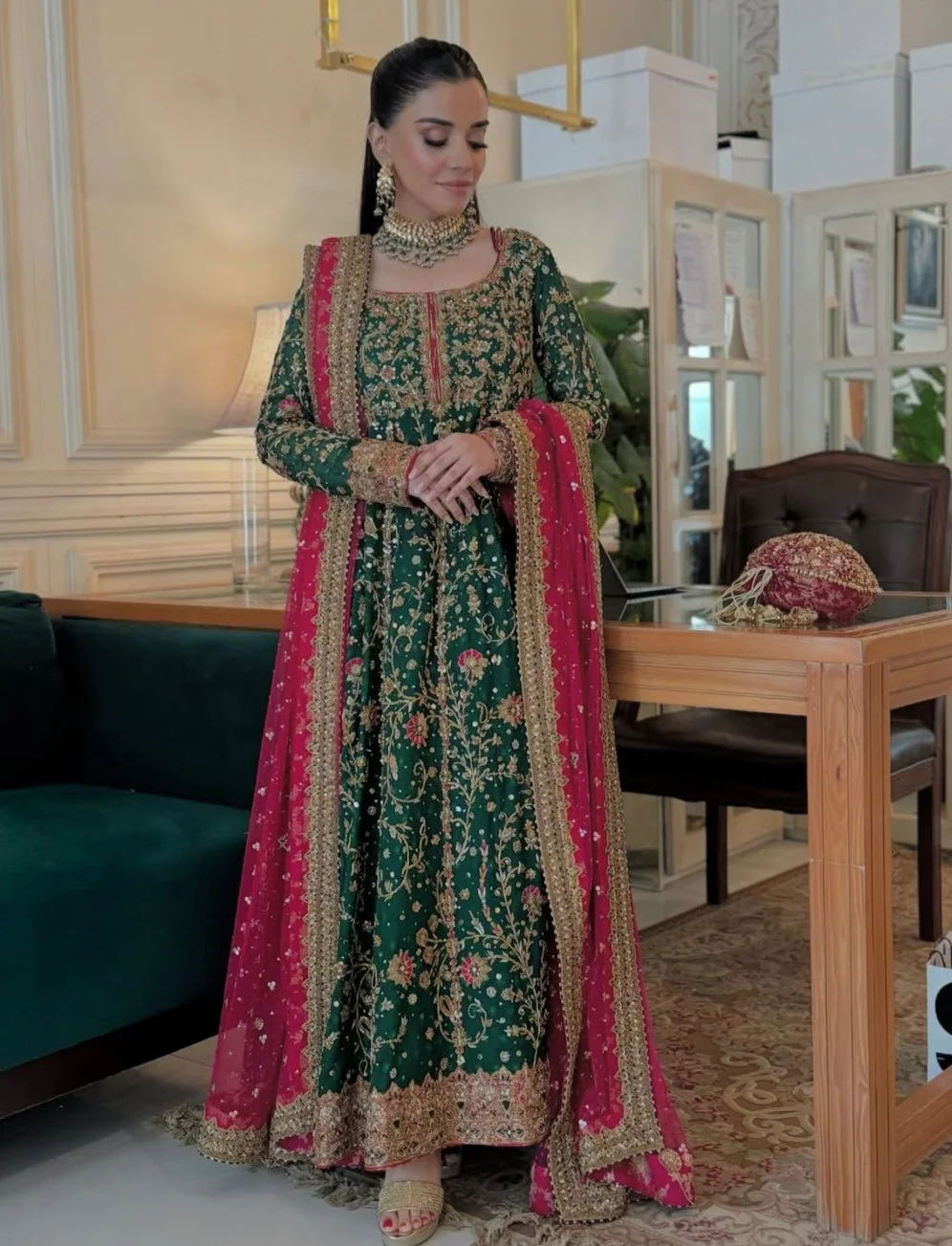 Haris Shakeel – Aimen in emerald green and magenta – full outfit view