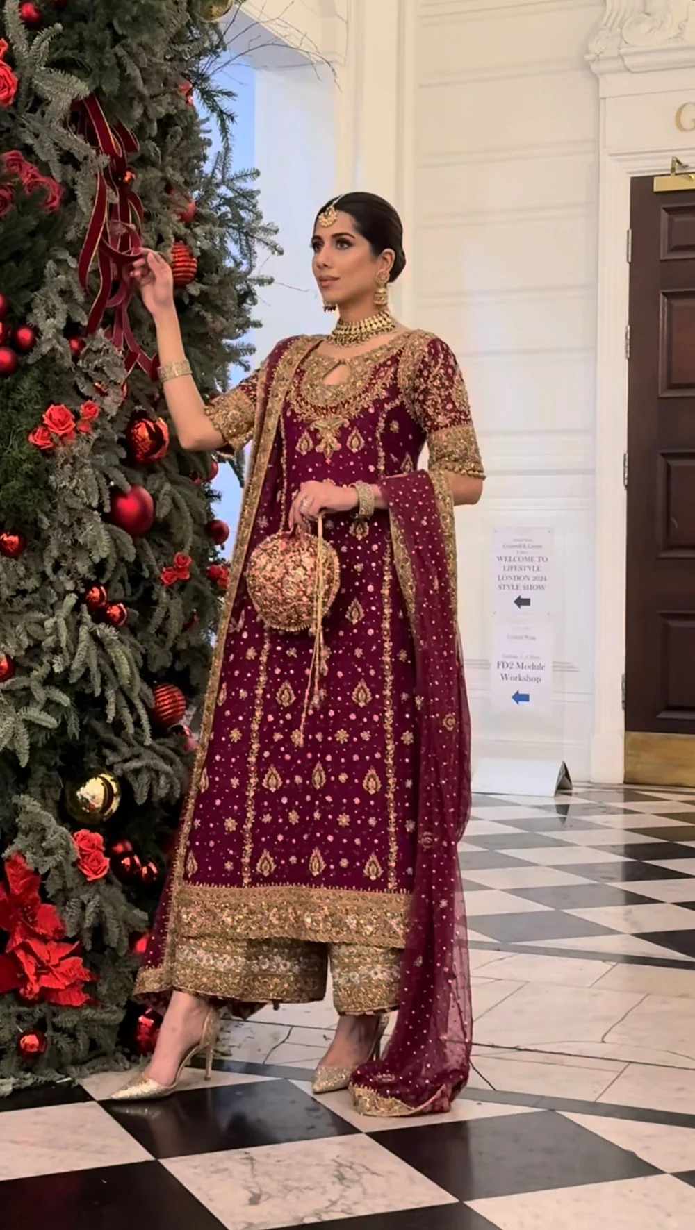 Haris Shakeel – Libah in deep maroon and champagne gold – full outfit view