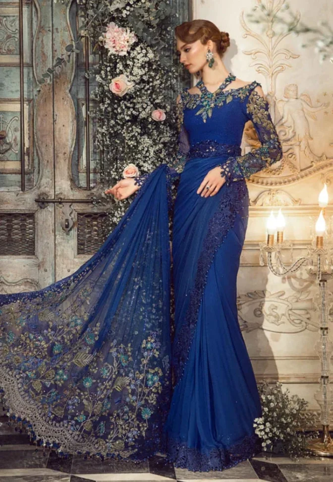 Embroidered Chiffon Saree in royal blue — full outfit view