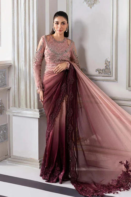 Dusty Rose Embroidered Saree in dusty rose / deep maroon — full outfit view
