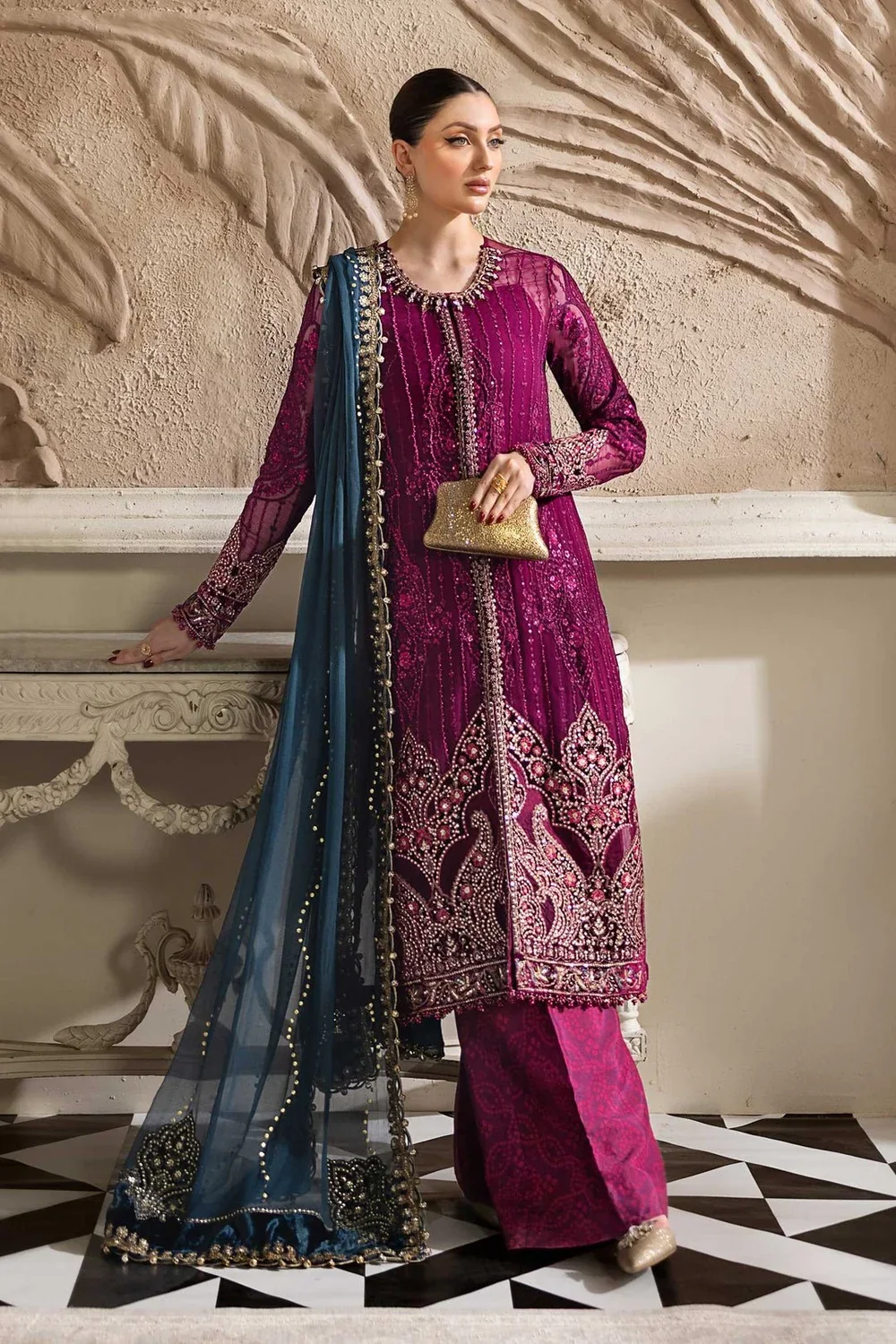 Magenta Embroidered Chiffon Suit in magenta / deep teal — full outfit view